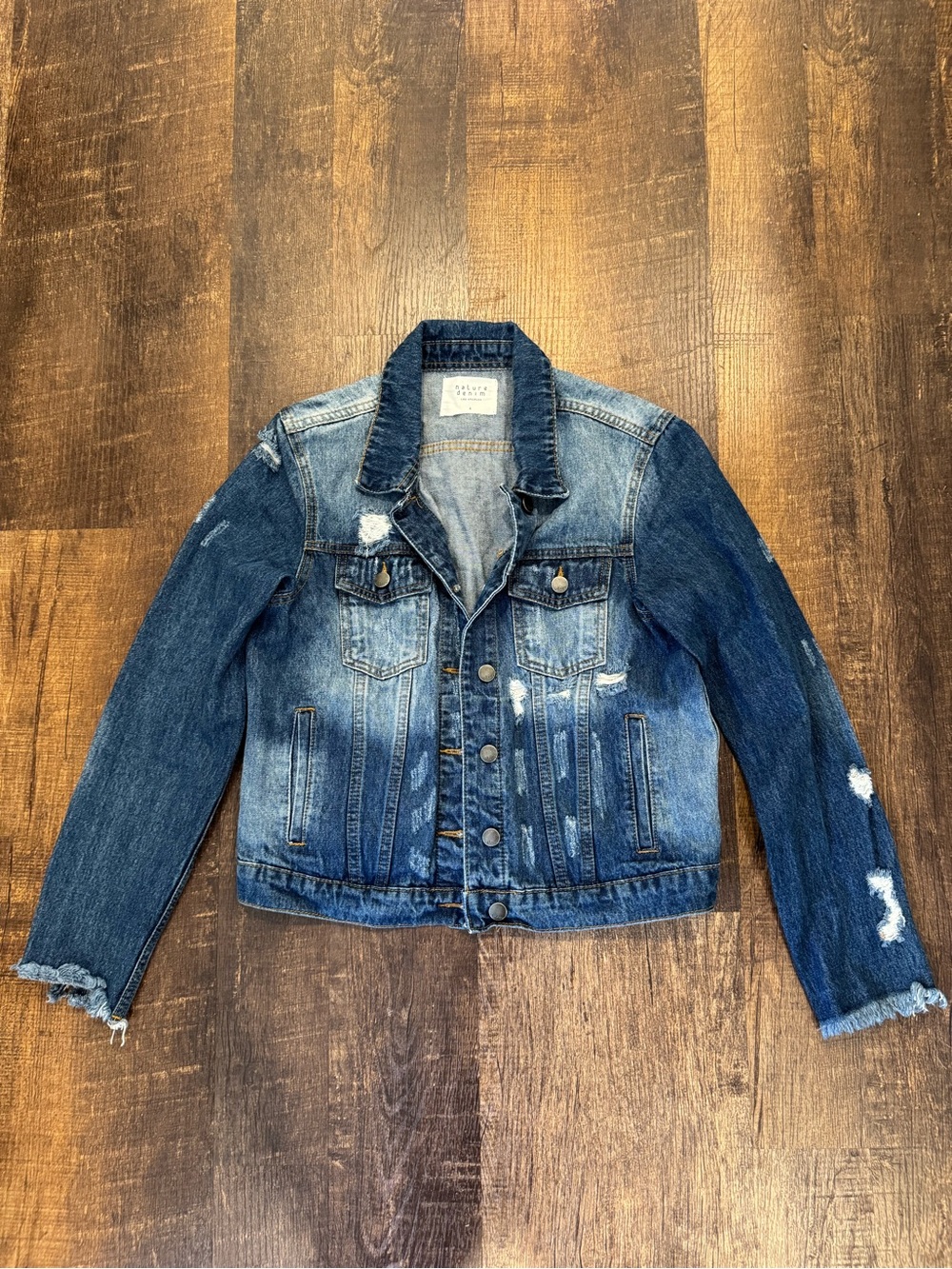Pink lily dark blue distressed denim jacket